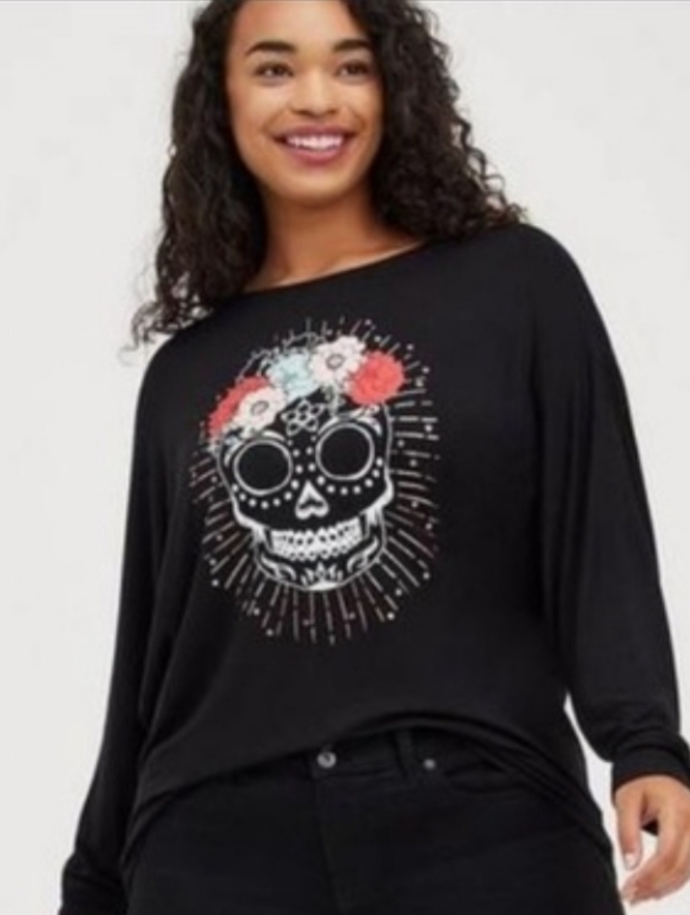 Torrid Black Skull Graphic Long Sleeve Top with Floral Accents Size 3